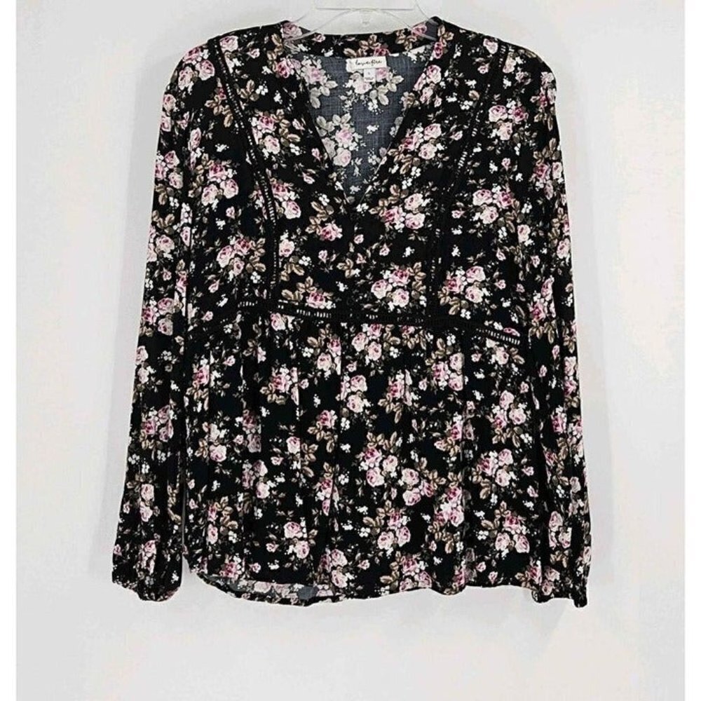 Love Fire Black Floral Lace Trim Elastic Wrist V-Neck Lightweight Top Sz M